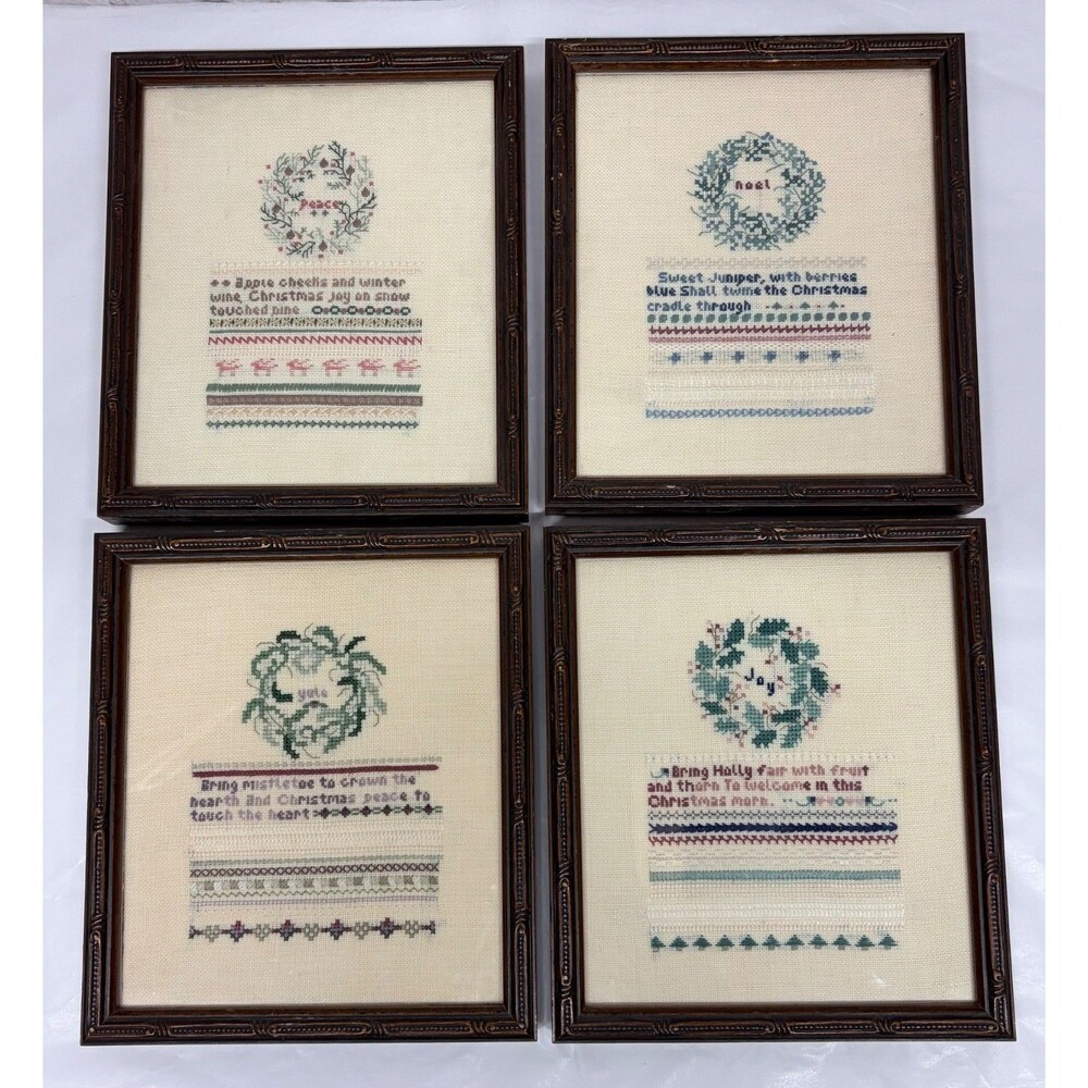Vtg Framed Christmas Cross Stitch Sampler Poems Noel Peace Joy Yule Set of 4